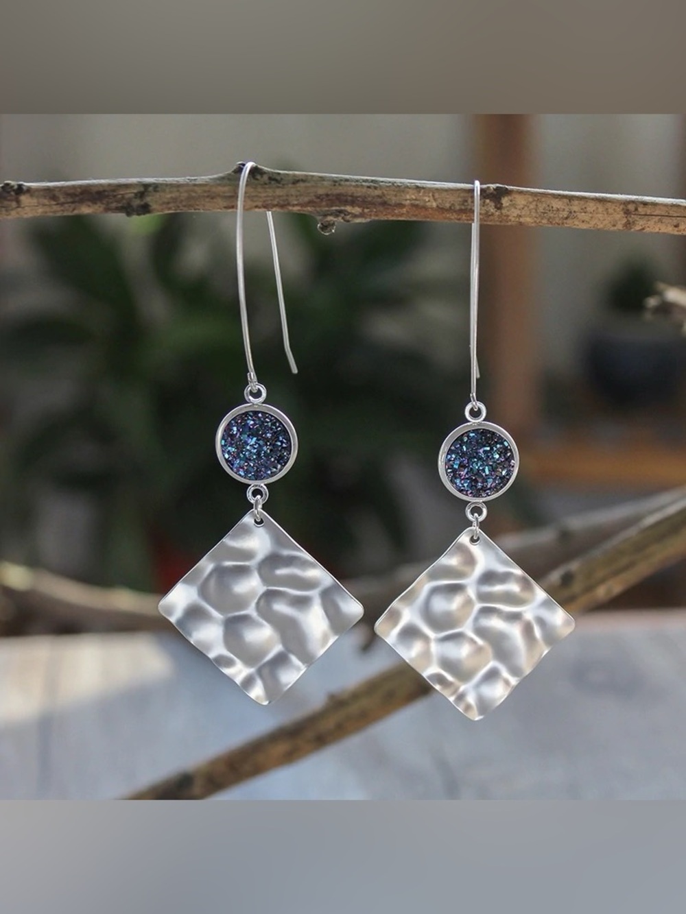 Sterling Silver Hammered Square Drop Earrings with Blue Druzy Accents